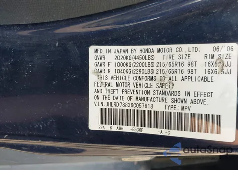2006 Honda Cr-V Ex z USA, uszkodzony, nr VIN JHLRD78836C057818